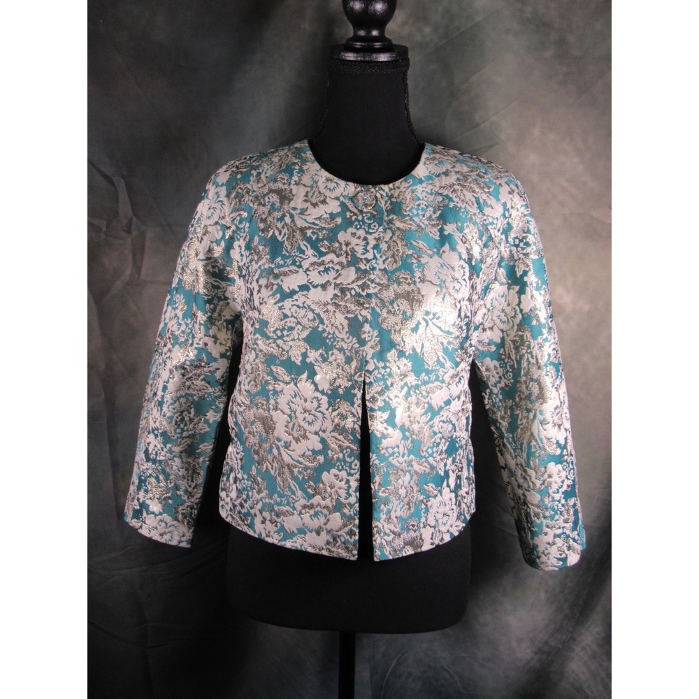 Leifnotes Anthropologie Teal Silver Metallic Floral Brocade Peplum Jacket 4